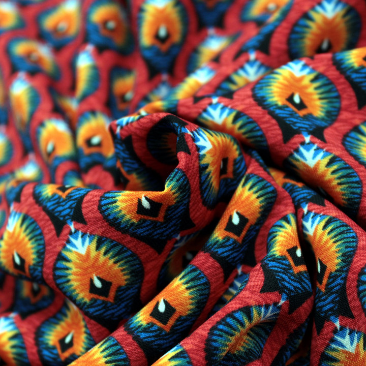 Tissu Rouge à Motifs Géométriques Bleu et Orange