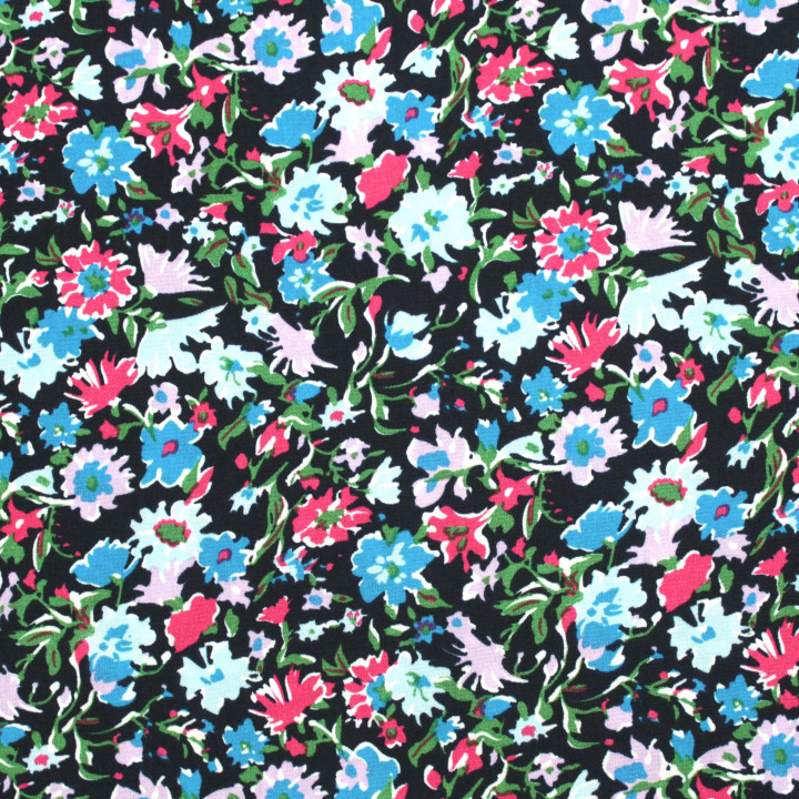 Tissu Noir à Imprimés Floraux Multicolores Rouge, Bleu et Violet – Élégance Contemporaine & Style Contrasté