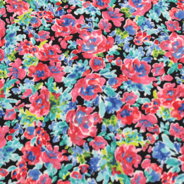 Tissu Noir à Imprimés Floraux Rouge et Bleu – Élégance Contemporaine & Harmonie Chromatique