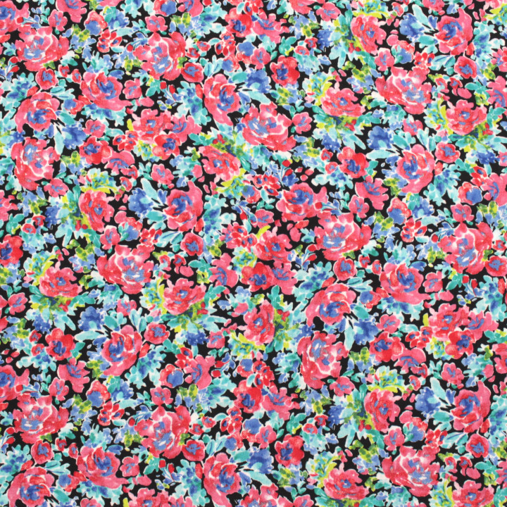 Tissu Noir à Imprimés Floraux Rouge et Bleu – Élégance Contemporaine & Harmonie Chromatique