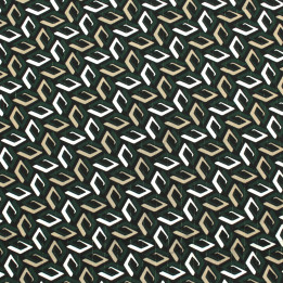 Tissu Noir à Imprimés Géométriques Blanc, Vert et Beige Foncé avec Liseré Brillant