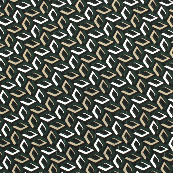 Tissu Noir à Imprimés Géométriques Blanc, Vert et Beige Foncé avec Liseré Brillant