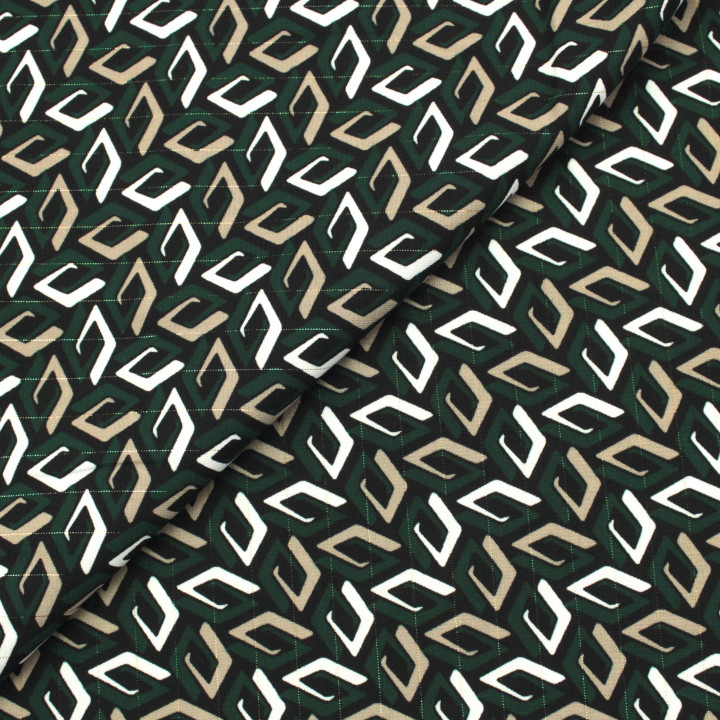 Tissu Noir à Imprimés Géométriques Blanc, Vert et Beige Foncé avec Liseré Brillant