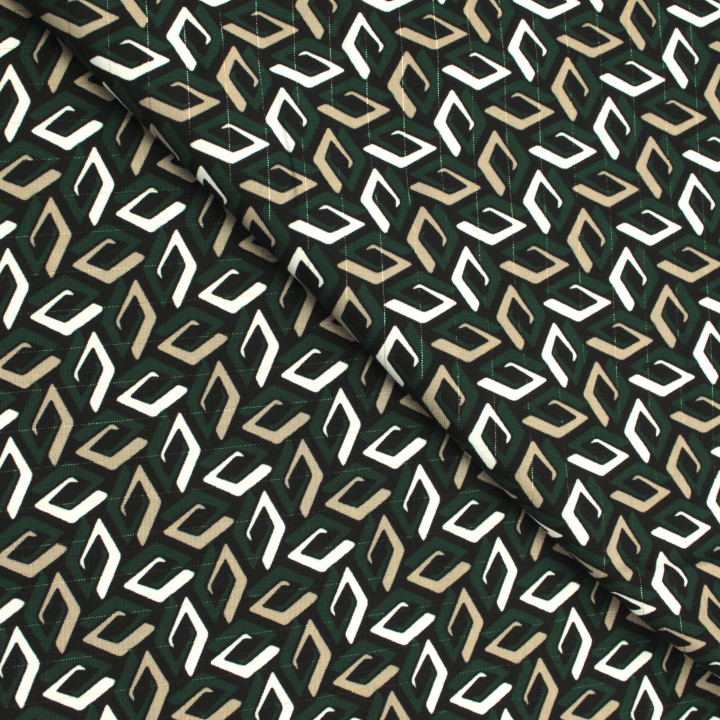 Tissu Noir à Imprimés Géométriques Blanc, Vert et Beige Foncé avec Liseré Brillant