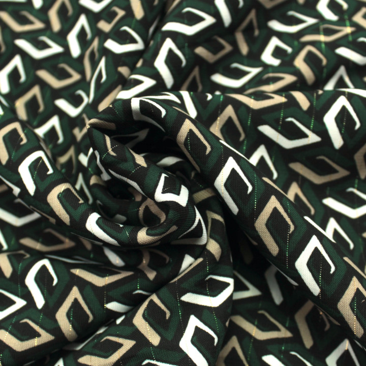 Tissu Noir à Imprimés Géométriques Blanc, Vert et Beige Foncé avec Liseré Brillant