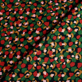 Tissu Noir à Imprimés Géométriques Rouge, Vert, Doré et Beige Foncé Brillant
