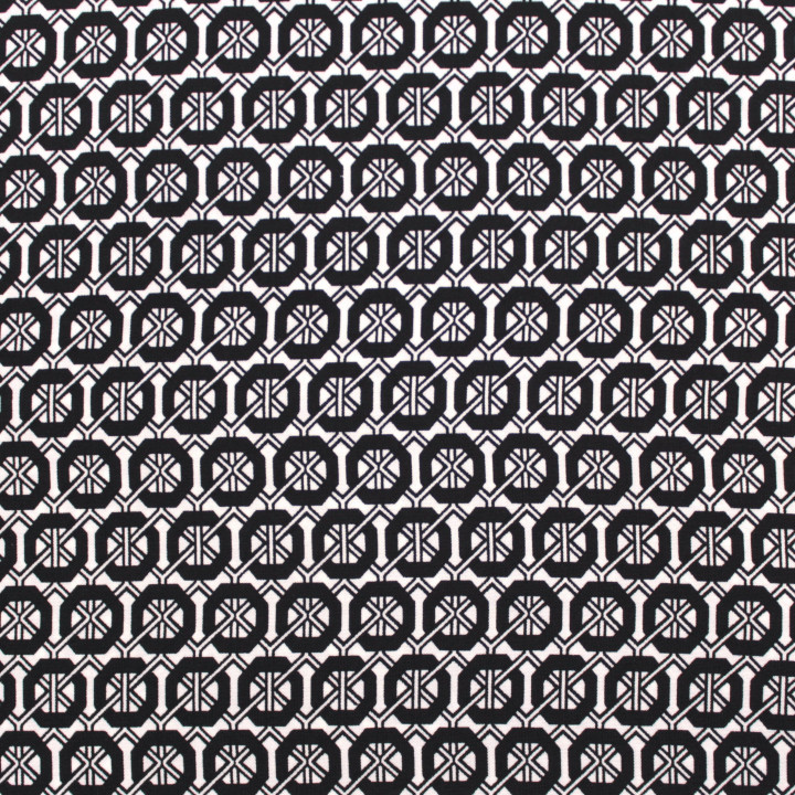 Tissu Blanc à Imprimés Géométriques Noirs – Élégance Contemporaine & Style Contrasté