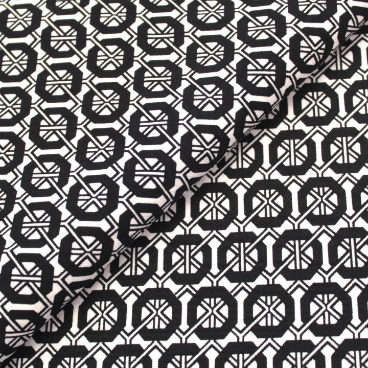 Tissu Blanc à Imprimés Géométriques Noirs – Élégance Contemporaine & Style Contrasté