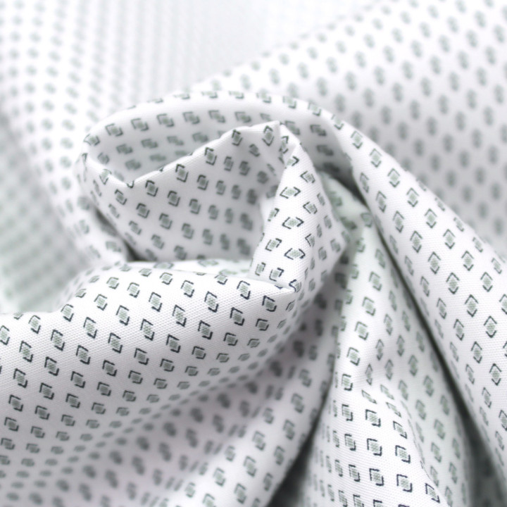 Tissu coton blanc pour chemise – motif géométrique bleu - Léger, élégant & respirant