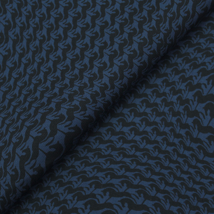 Tissu coton bleu nuit pour chemise – motif cheval noir - Léger, élégant & respirant
