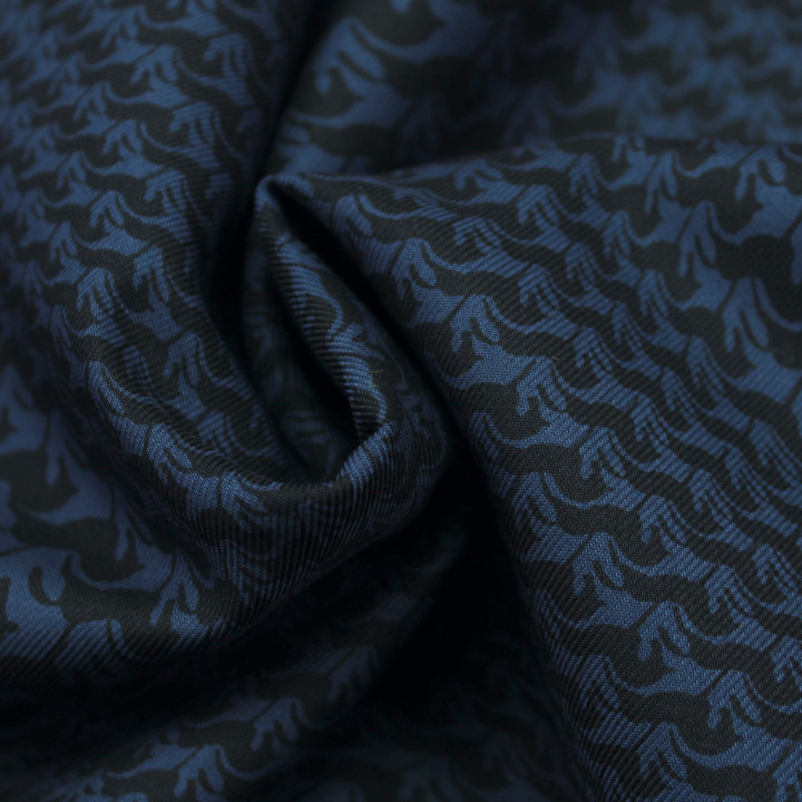 Tissu coton bleu nuit pour chemise – motif cheval noir - Léger, élégant & respirant