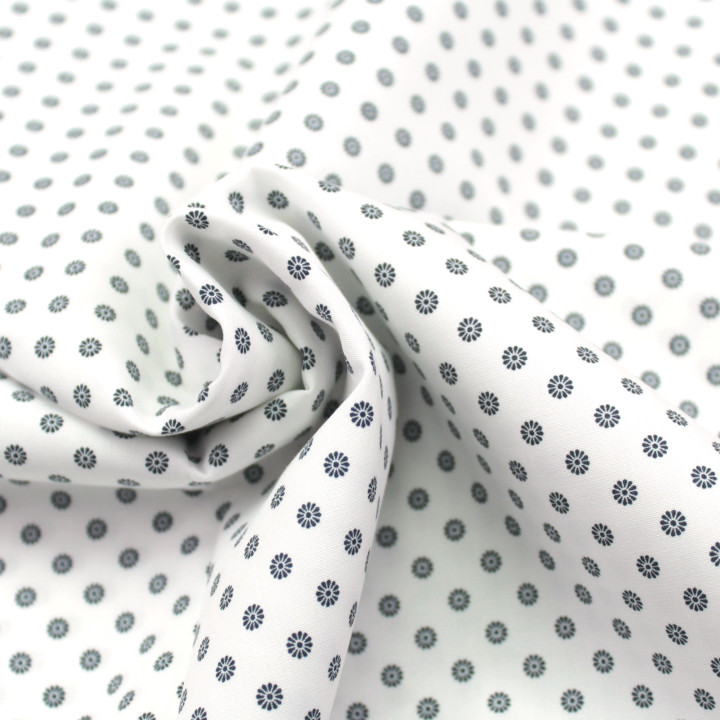Tissu en Coton Blanc Uni avec Motifs Floraux Noirs pour Chemise