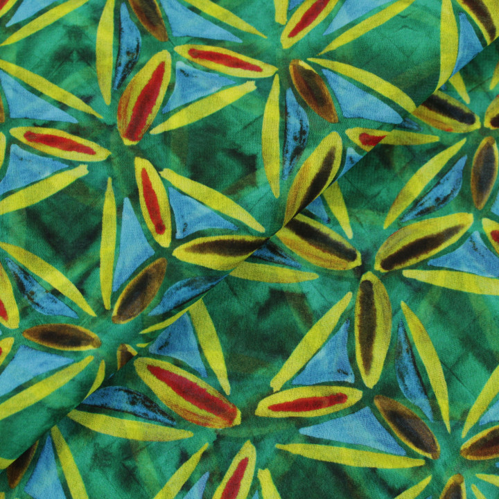 Tissu mousseline vert à motif géométrique – Léger, fluide et idéal pour robes, blouses et foulards