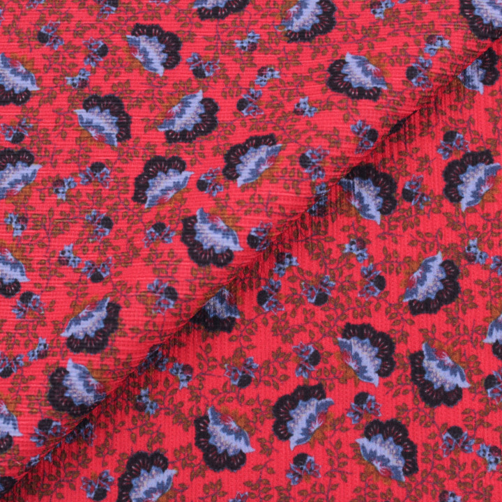 Tissu crêpe polyester rouge à petits dinosaures bleu – Léger, fluide et idéal pour couture créative