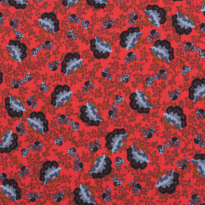 Tissu crêpe polyester rouge à petits dinosaures bleu – Léger, fluide et idéal pour couture créative