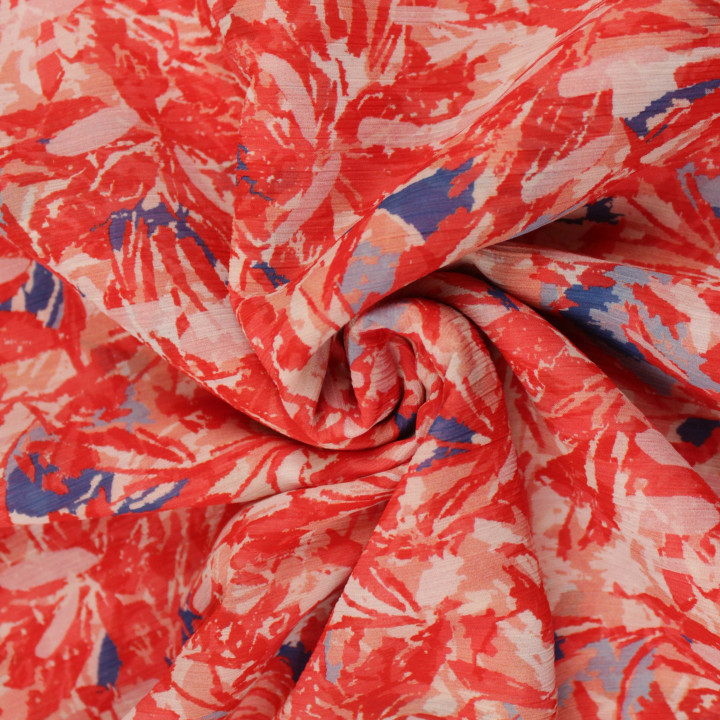 Tissu Mousseline Légère Polyester Rouge à Imprimé Abstrait – Fluide, Transparent et Idéal pour Créations Élégantes