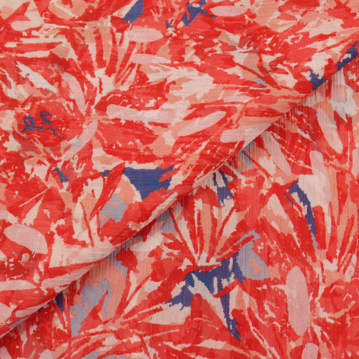 Tissu Mousseline Légère Polyester Rouge à Imprimé Abstrait – Fluide, Transparent et Idéal pour Créations Élégantes