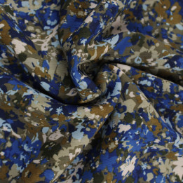 Tissu mousseline de polyester imprimé floral bleu, blanc et kaki – Léger, transparent et fluide