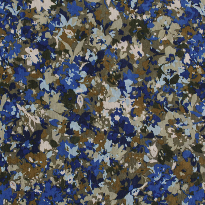 Tissu mousseline de polyester imprimé floral bleu, blanc et kaki – Léger, transparent et fluide