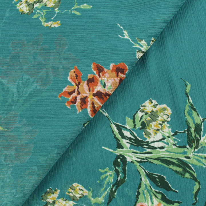 Tissu Mousseline Turquoise à Motifs Floraux – Léger, Aérien et Fluide pour Vêtements et Créations Couture