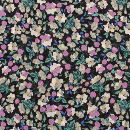 Tissu Mousseline Noire Polyester à Imprimé Floral Rose, Blanc et Gris