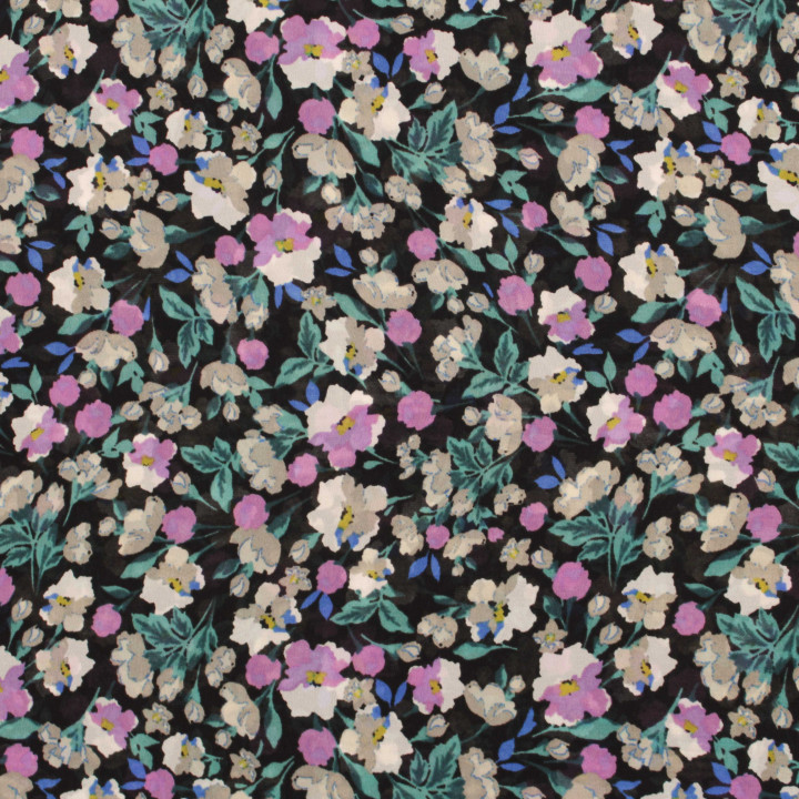 Tissu Mousseline Noire Polyester à Imprimé Floral Rose, Blanc et Gris