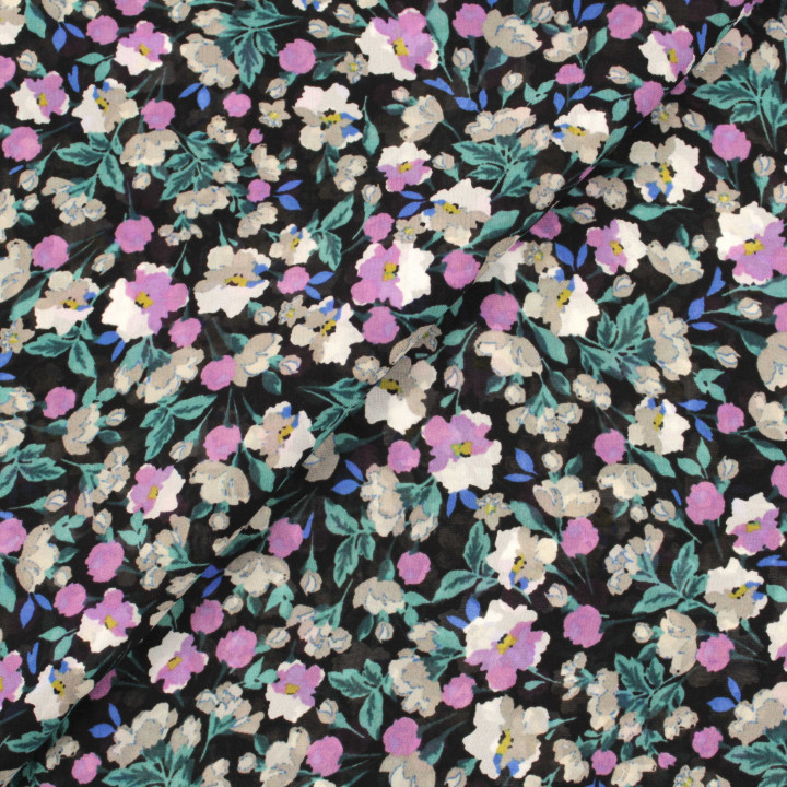 Tissu Mousseline Noire Polyester à Imprimé Floral Rose, Blanc et Gris