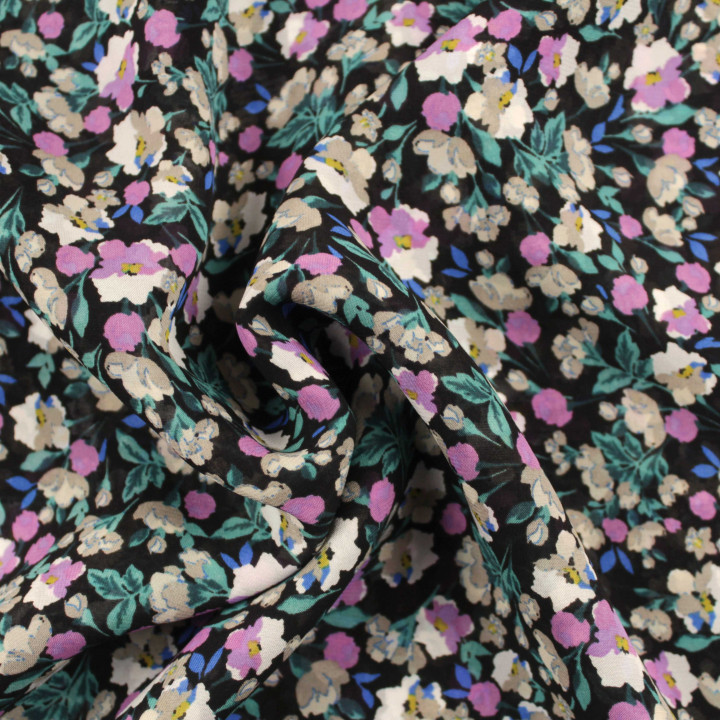 Tissu Mousseline Noire Polyester à Imprimé Floral Rose, Blanc et Gris