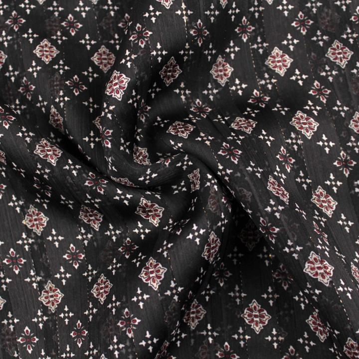 Tissu Mousseline Noire à Imprimé Floral Bleu – Léger, Élégant et Design pour Robes, Blouses et Créations Couture Féminines