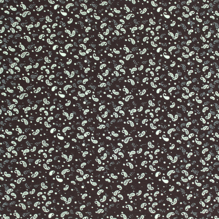 Tissu coton noir imprimé géométrique petites feuilles blanches et grises – Élégant