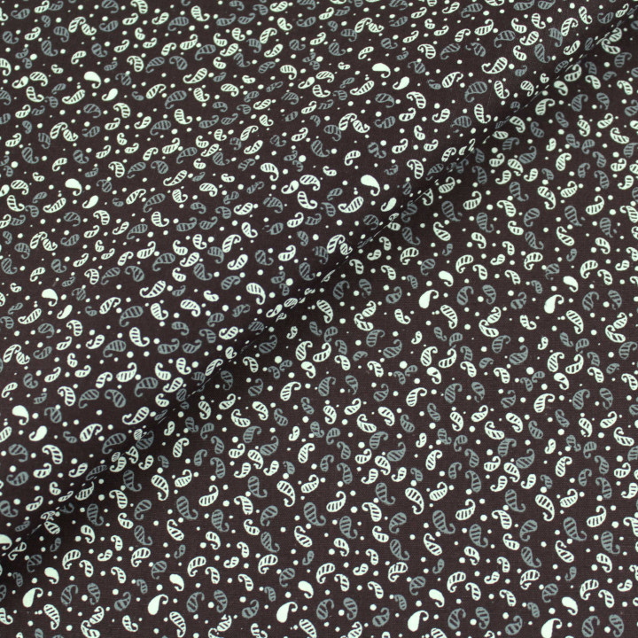 Tissu coton noir imprimé géométrique petites feuilles blanches et grises – Élégant