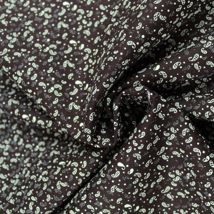 Tissu coton noir imprimé géométrique petites feuilles blanches et grises – Élégant