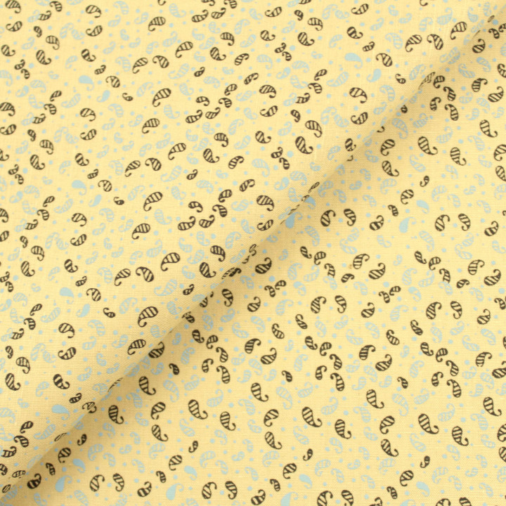 Tissu coton jaune clair à motif géométrique petites feuilles bleu et noir – Élégant et raffiné