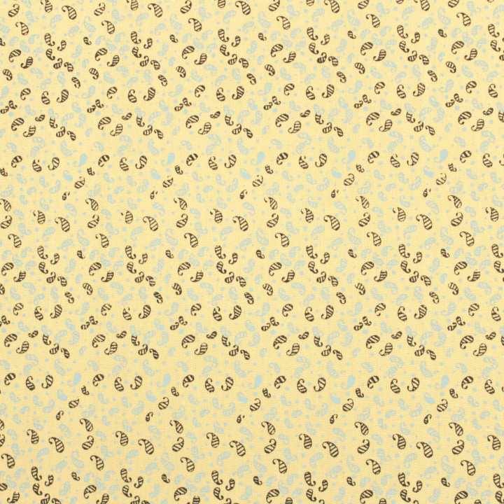 Tissu coton jaune clair à motif géométrique petites feuilles bleu et noir – Élégant et raffiné