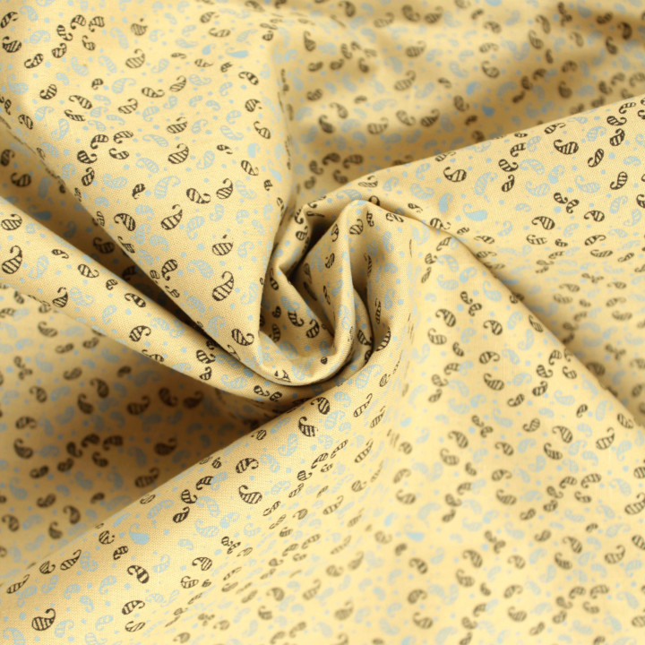 Tissu coton jaune clair à motif géométrique petites feuilles bleu et noir – Élégant et raffiné