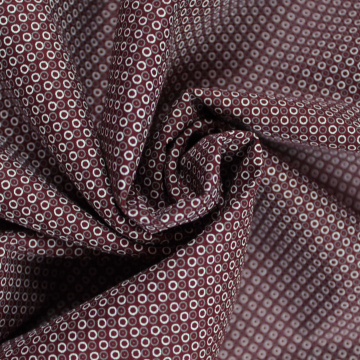 Tissu coton bordeaux motif géométrique ronds blancs et gris – Élégant et moderne