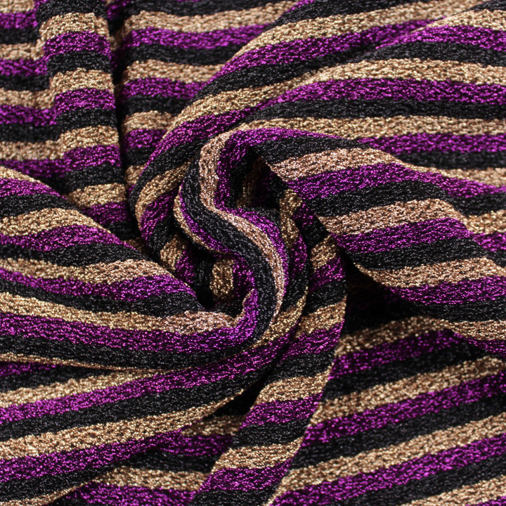 Tissu jersey à rayures noir, violet et or brillant extensible