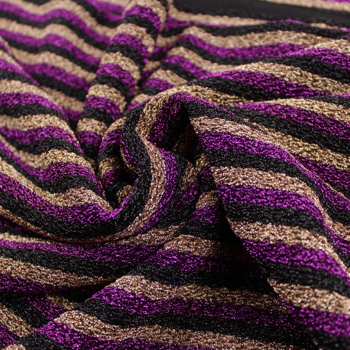 Tissu jersey à rayures noir, violet et or brillant extensible