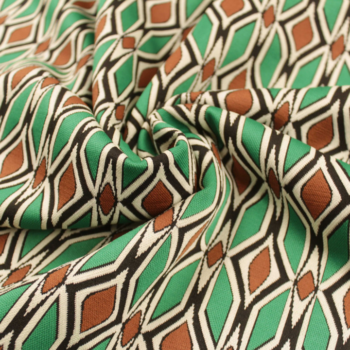 Tissu jersey imprimé géométrique marron, noir et blanc peu extensible