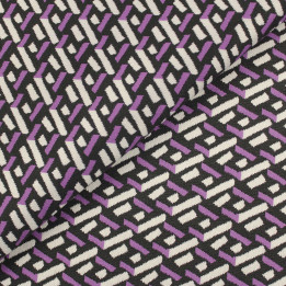 Tissu jersey noir motifs géométriques blancs et violets peu extensible