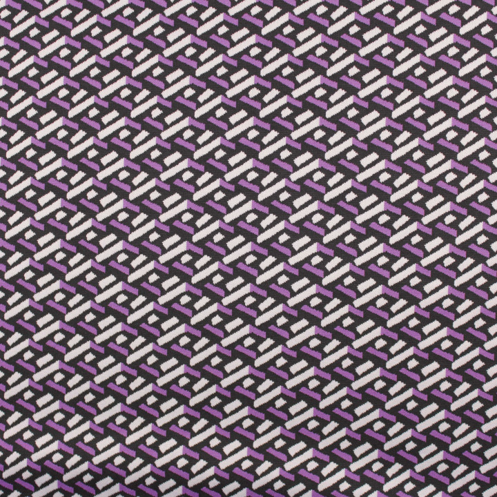 Tissu jersey noir motifs géométriques blancs et violets peu extensible