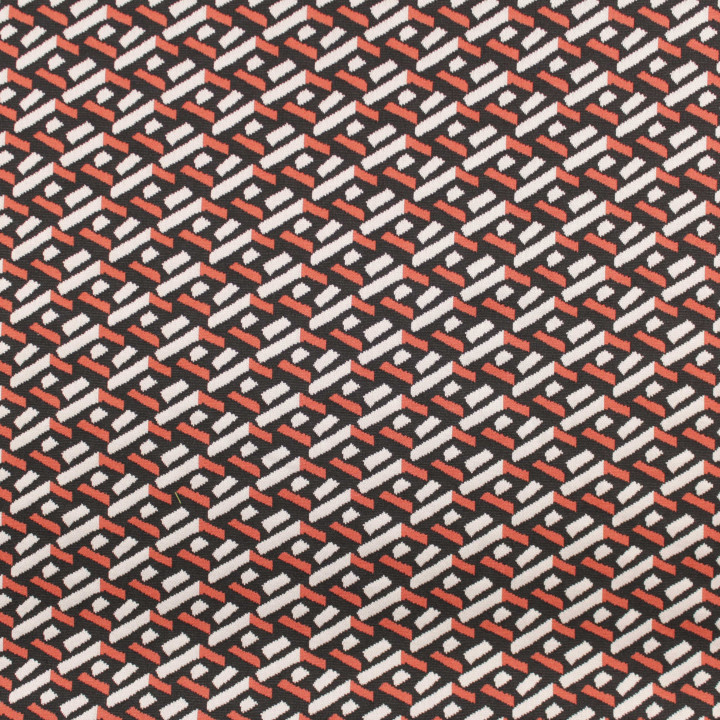 Tissu jersey noir motifs géométriques blancs et orange peu extensible
