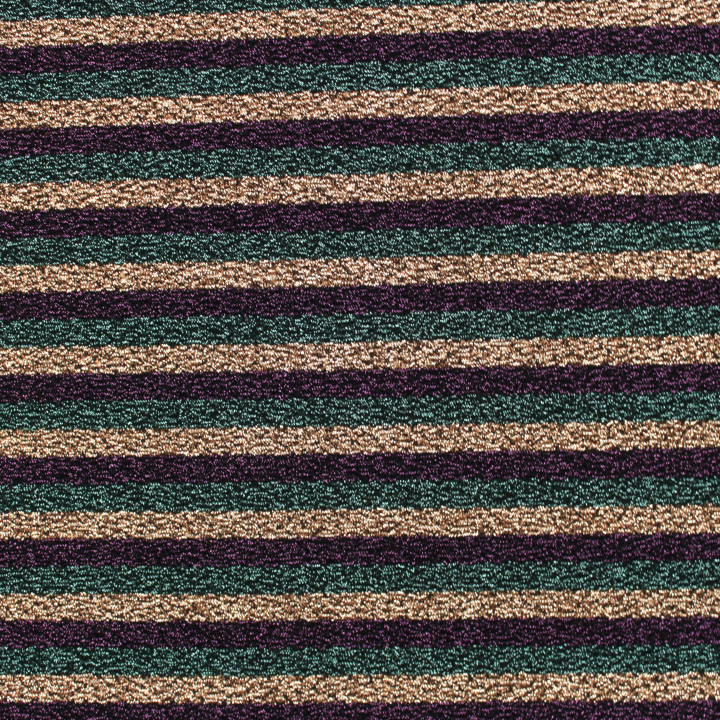 Tissu jersey à rayures multicolores violet, vert et bronze brillant extensible et lumineux