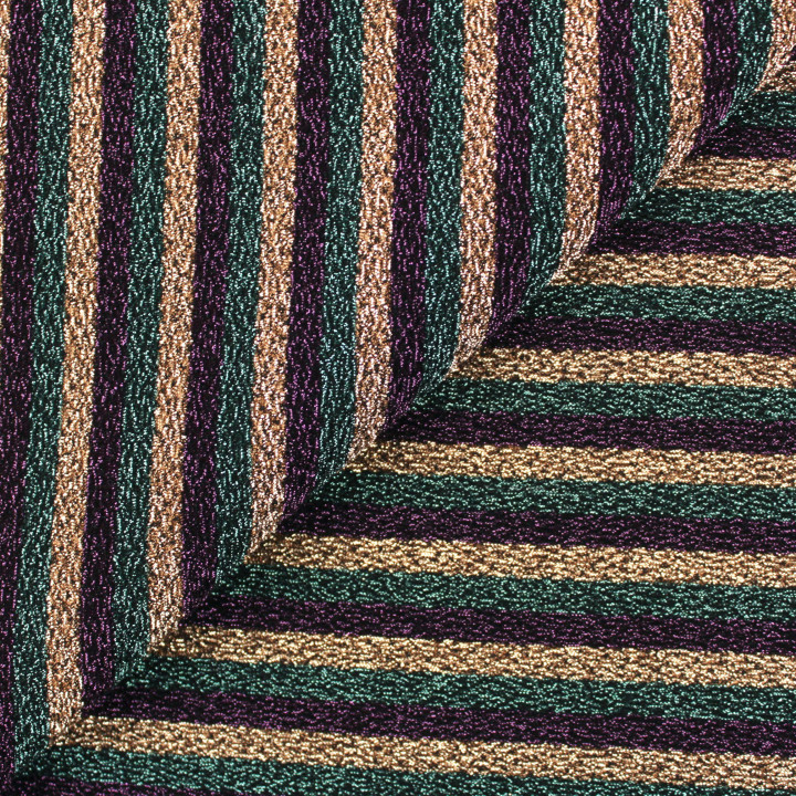 Tissu jersey à rayures multicolores violet, vert et bronze brillant extensible et lumineux