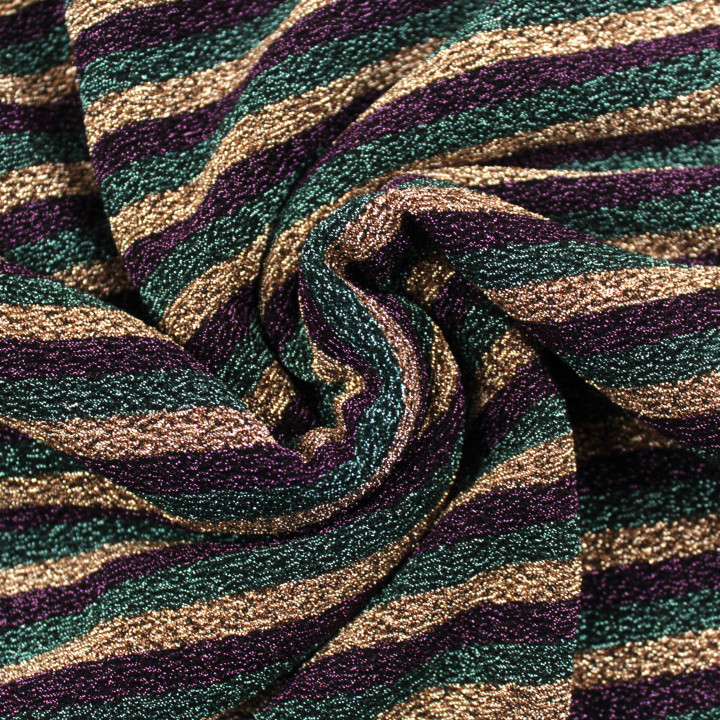 Tissu jersey à rayures multicolores violet, vert et bronze brillant extensible et lumineux