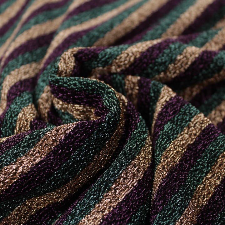 Tissu jersey à rayures multicolores violet, vert et bronze brillant extensible et lumineux