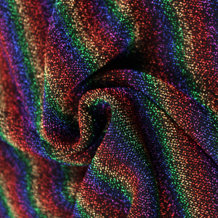 Tissu jersey à rayures dégradé multicolore brillant et extensible