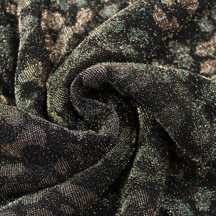 Tissu jersey noir motifs géométriques bronze et argent brillant et extensible