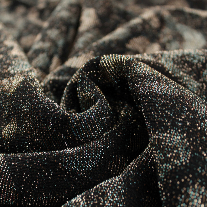 Tissu jersey noir motifs géométriques bronze et argent brillant et extensible