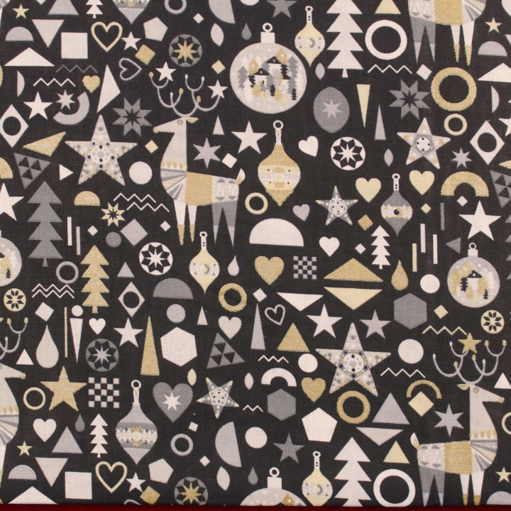 Tissu coton noir motifs cerfs et boules de Noël – Élégance et esprit festif